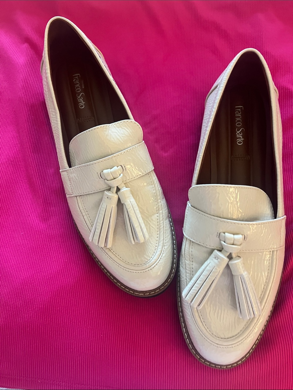 Franco Sarto White Patent Tassel Loafers